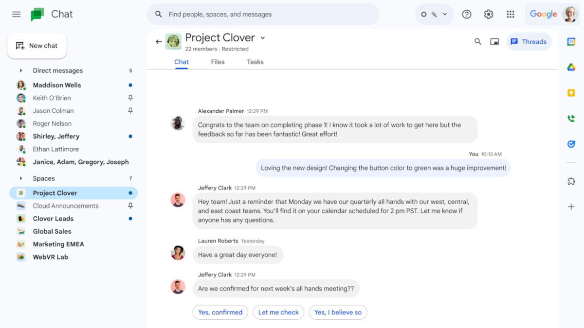 Google Chat’s smart replies feature expands to groups and spaces