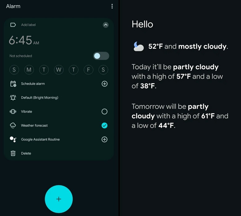 Pixel users will be able to see a full-page weather forecast when a scheduled alarm goes off.  Google is adding weather integration to the Clock app on select Pixel models.