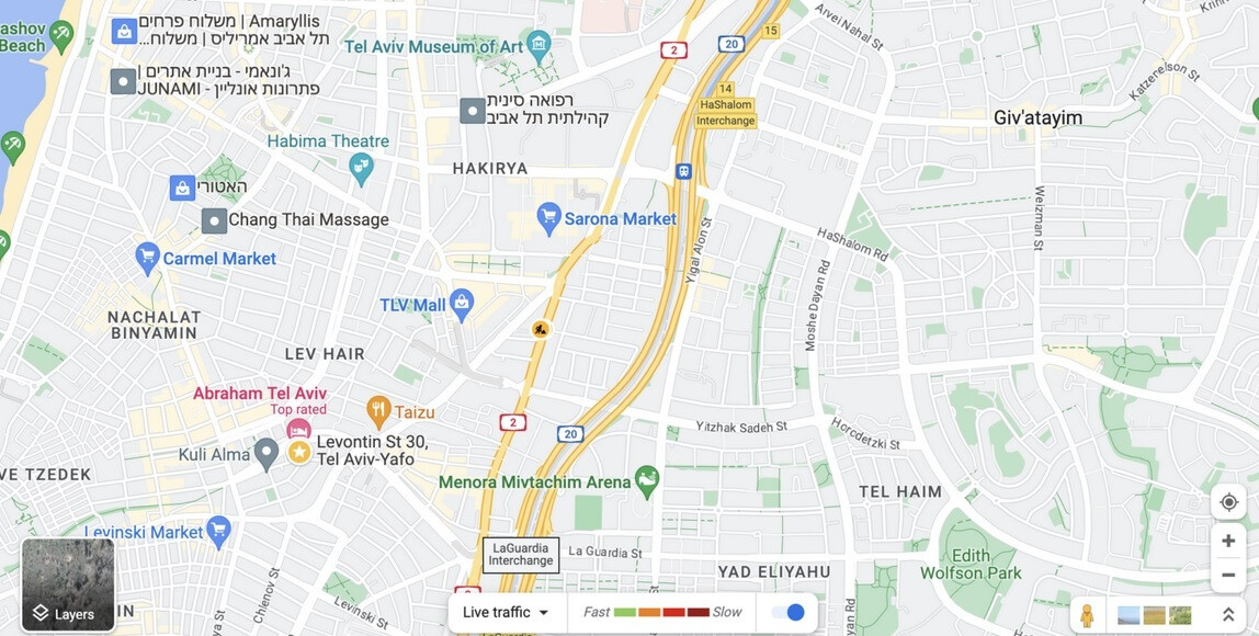 Web version of Google Maps showing traffic conditions in Israel before temporarily disabling the feature - Google Maps and Waze disable their live traffic feature in Israel