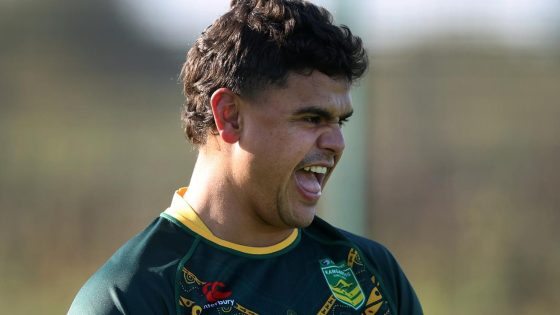 SALFORD, ENGLAND - NOVEMBER 03: Latrell Mitchell of Australia looks on during the Kangaroos Captain's Run at AJ Bell Stadium on November 03, 2022 in Salford, England. (Photo by Alex Livesey/Getty Images)