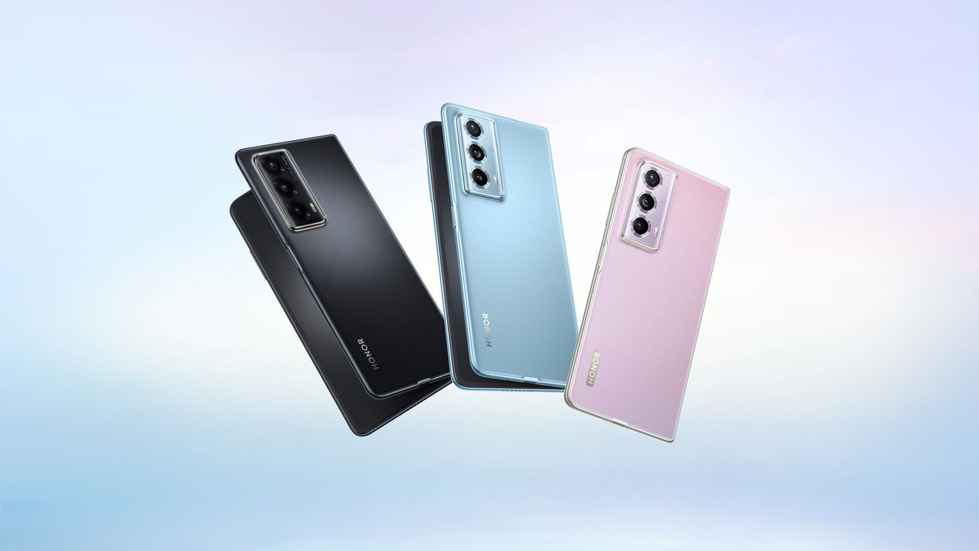 The Honor Magic Vs2 in Midnight Black, Coral Purple, and Glacier Blue - The Honor Magic Vs2 uses a 3D printed hinge and an aerospace-grade magnesium alloy body