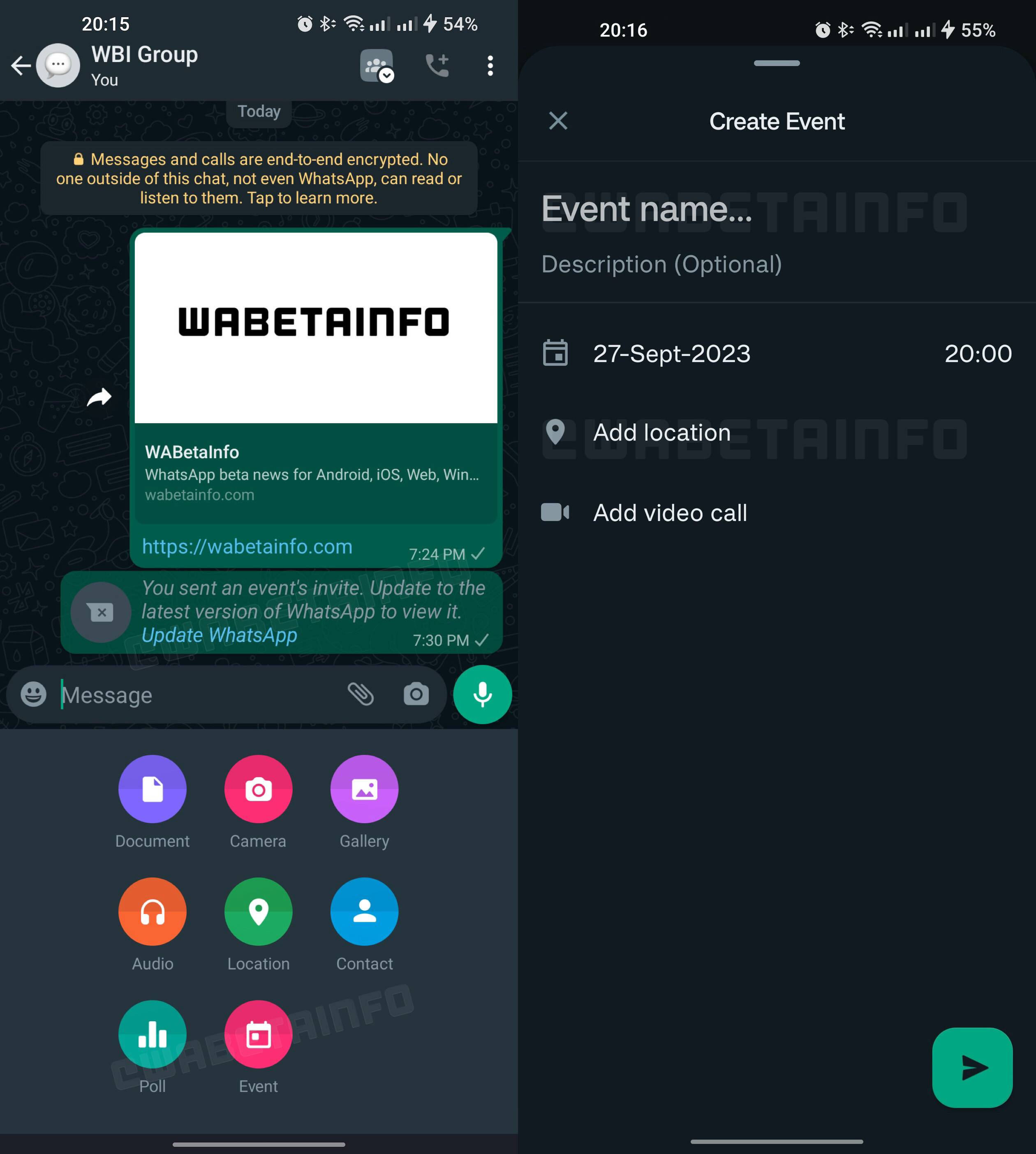 Image credit – WABetaInfo – WhatsApp could soon let you create group chat events
