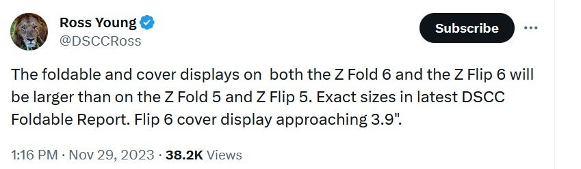 Ross Young says to expect Sammy's 2024 foldables to have larger internal and external screens - Accurate tipster says to expect larger external and internal screens for the Flip 6 and Fold 6