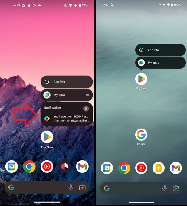 Android 13, left, showed notifications when long-pressing an app icon.  This feature ended with Android 14. Image Credit-9to5Google – Android users are complaining after Google removed the popular app icon notification feature on the home screen.