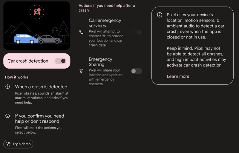 Accident detection settings on the Google Pixel Fold – Car accident detection on Pixel phones is now available in even more countries