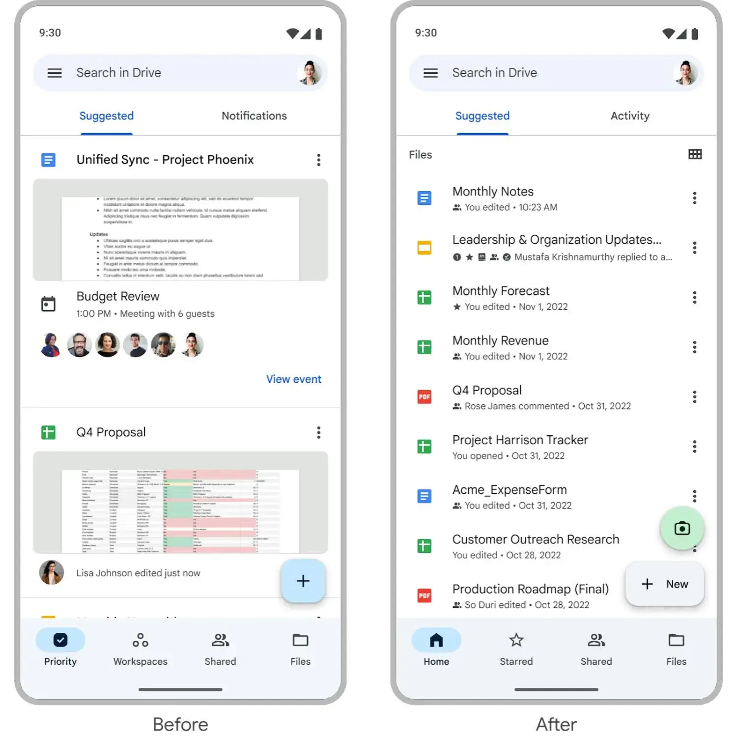 (Image source – 9to5Google) The homepage before and after the new update – Google Drive gets a revamped homepage for Android and iOS users