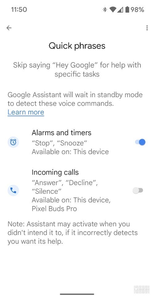 Quick Phrases settings page on Pixel Fold – Google expands Assistant Quick Phrases to handle incoming calls to Pixel Buds Pro
