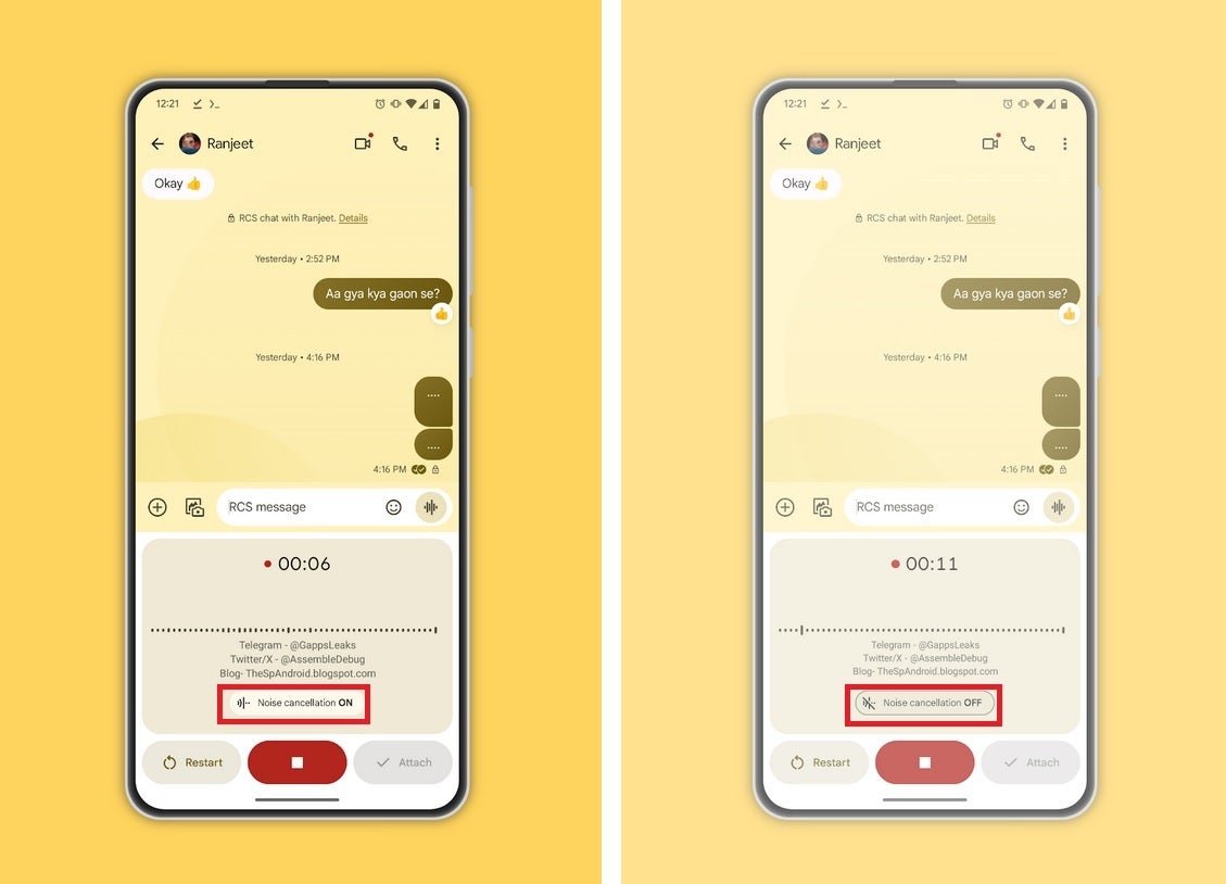 Screenshots showing noise cancellation switch on (L) and off (R) in voice recording dialog - Noise cancellation is coming to voice recordings on Google Messages