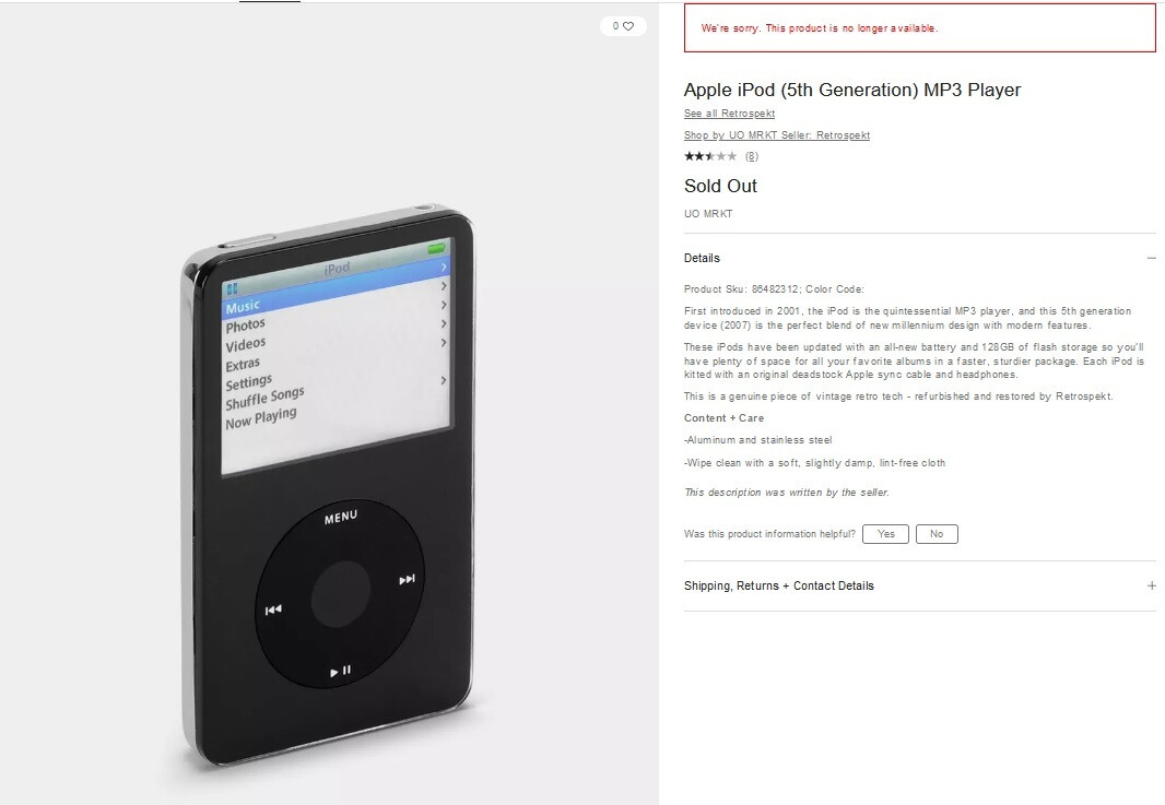 Listing on Urban Outfitters website says Refurbished iPod 5th Generation is sold out - Refurbished iPod MP3 5th Generation devices are selling online