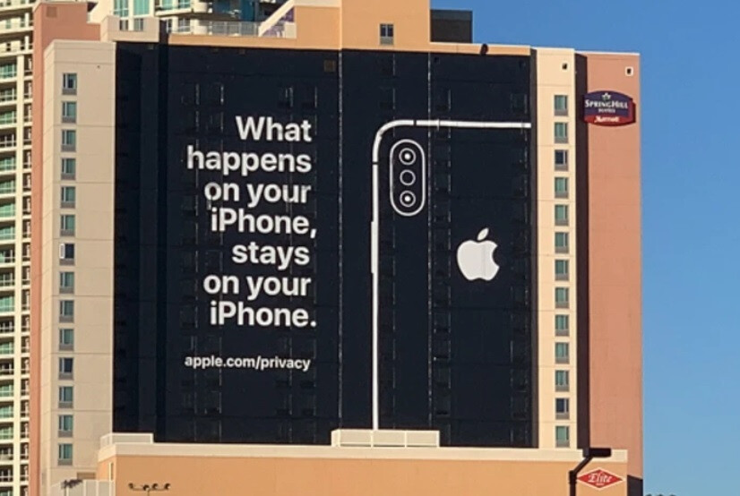 Apple's famous Las Vegas privacy sign displayed in front of the Consumer Electronics Show in 2019 - Slides from an internal Apple document from 2013 show how the company viewed Google's stance on privacy at era.