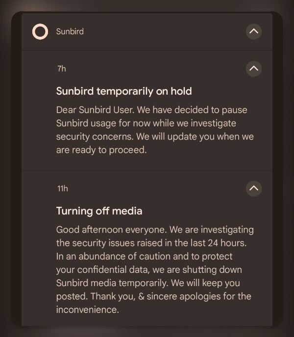Notification received earlier by Sunbird users informing them that the application is temporarily suspended |  Source - ijeffgarden (Reddit) - Sunbird iMessage app for Android temporarily shuts down due to privacy concerns