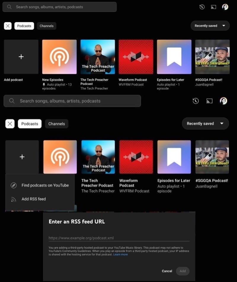 You can now manually add your podcasts via RSS to YouTube Music