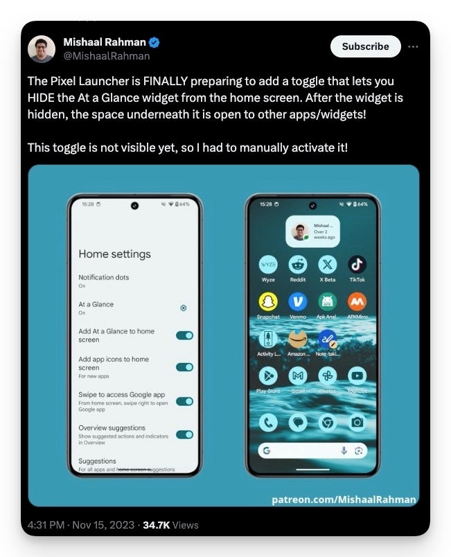 Source - Mishaal Rahman - You may soon be able to hide the "In one look" widget on Pixels