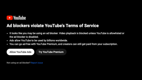 YouTube Notice to Users Using Ad Blockers