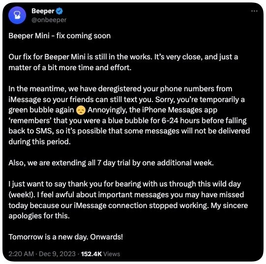 Beeper Mini is currently broken, possibly discontinued by Apple (Update: Partially working)