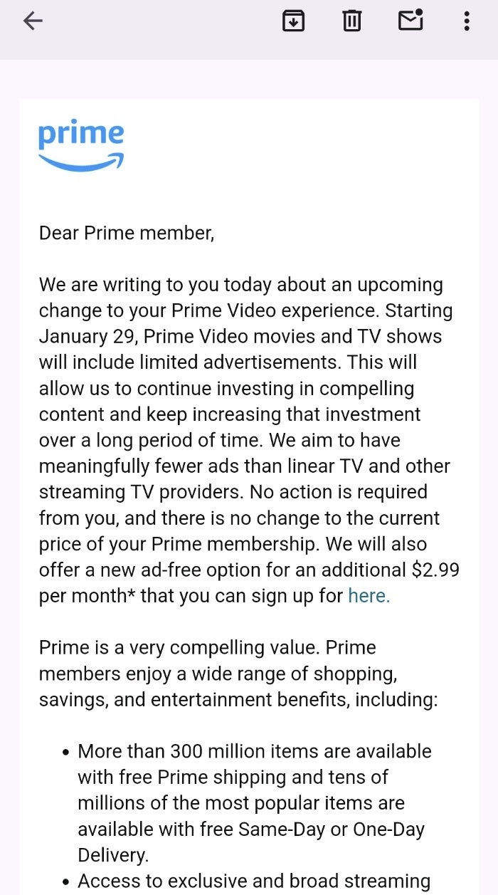 Amazon is telling its Prime Video subscribers that ads will arrive on January 29 unless they pay extra