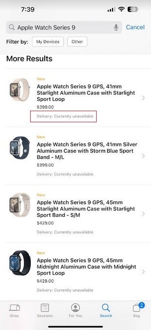 Apple Watch Series 9 models are listed as currently unavailable in the Apple Store app - Apple is keeping its word and removing the Apple Watch Series 9 and Ultra 2 from US online Apple Stores