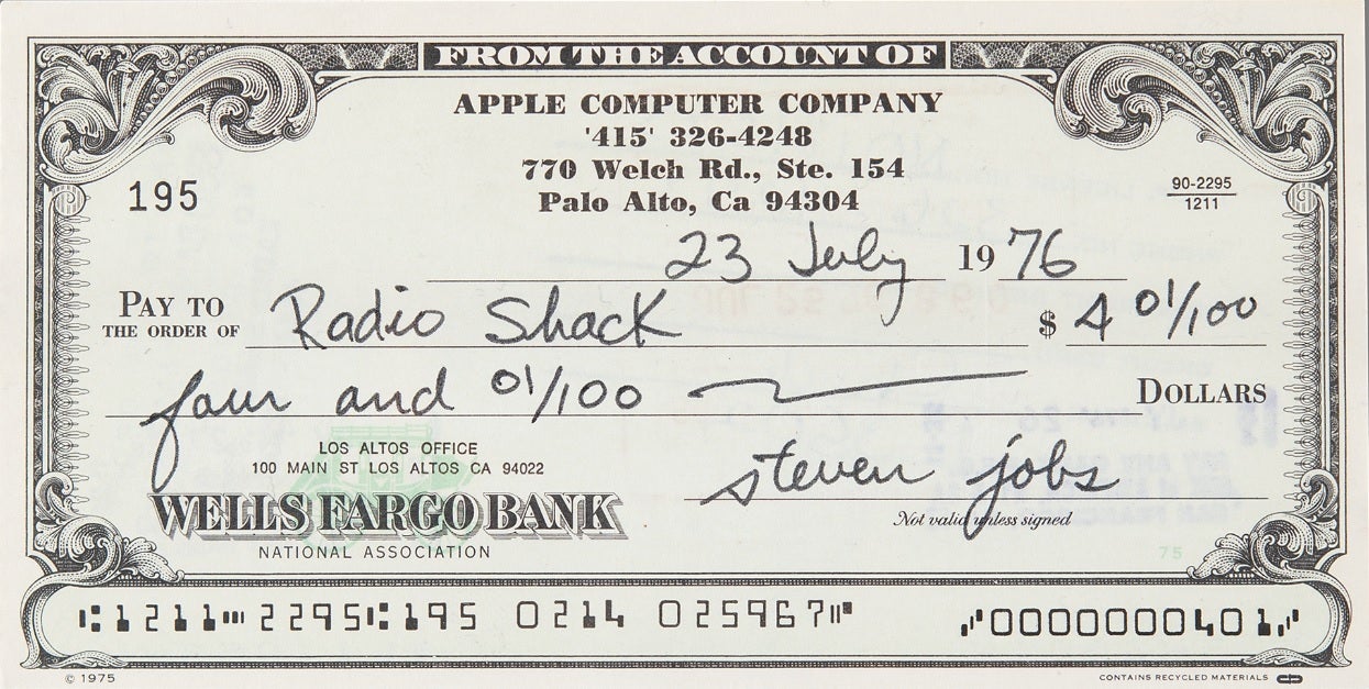 Signed by the late Steve Jobs, this 1976 check fetched $46,043 at auction - Check signed by Steve Jobs 11,128 days before iPhone announcement sold at auction