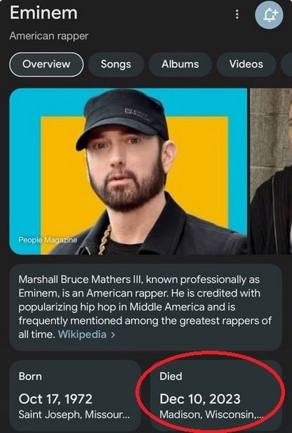 Google is fooled by a false report of Eminem's death and shares the false news of his disappearance on the Internet - Last weekend, Google broadcast the date of Eminem's death, even though he is still alive and in good health.