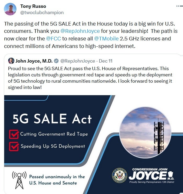 Tony Russo, T-Mobile VP of Legislative Affairs, Celebrates Passage of the 5G SALE Act in the House - Once Biden Signs on the Dotted Line, T-Mobile Will Get More Goldilocks Spectrum from 2.5GHz