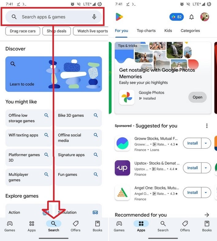 A dedicated search tab is coming to the Play Store (L) although some users have lost their search bar and don't have a search tab (R) - Some Google Play Store users no longer have the search bar search following an update