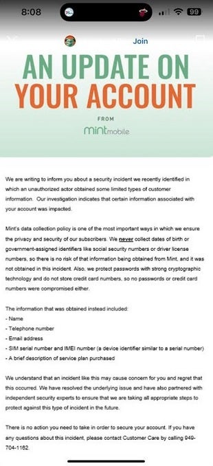 Mint Mobile has notified affected customers of the data breach by sending an email.  Some Mint Mobile subscribers have been victims of a data breach that could result in SIM swaps.