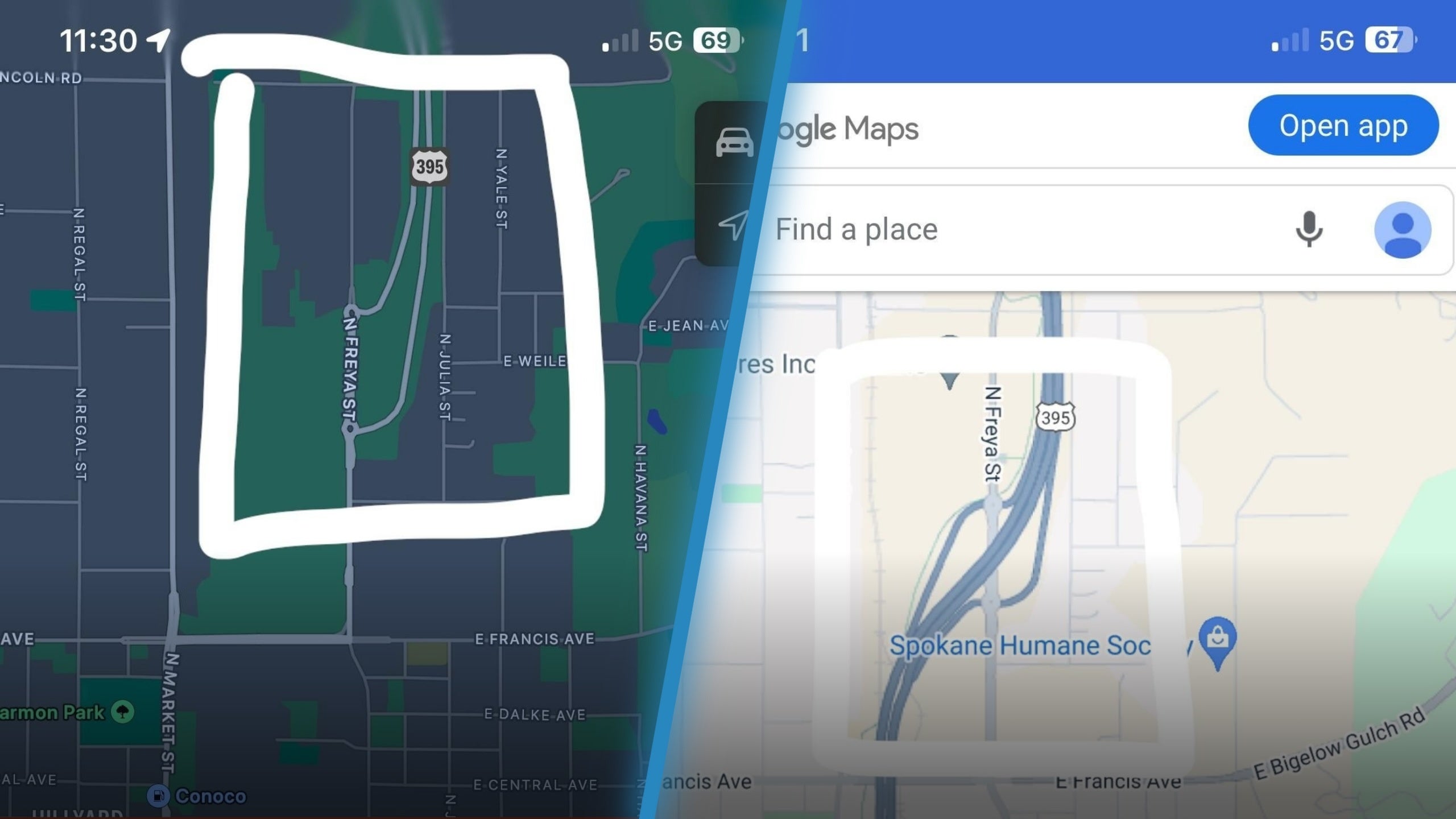 Apple Maps (L) failed to include a new included road (R) in Google Maps - There is a big flaw that Apple Maps needs to fix to compete with Google Maps