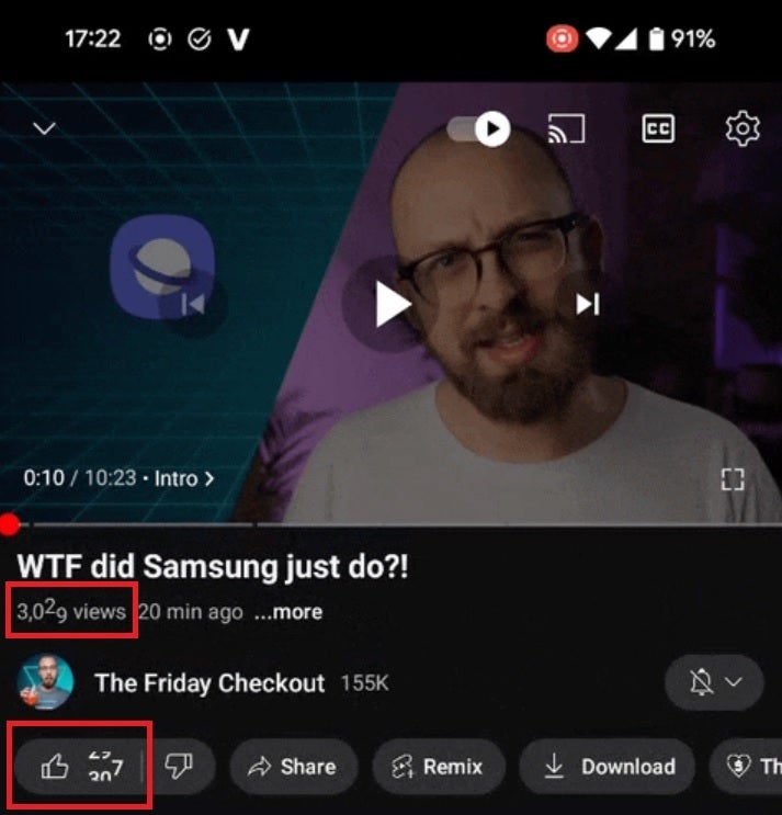 The red boxes indicate the number of views and likes of this video in real time.  YouTube will now show you the number of views and likes a video has in real time.