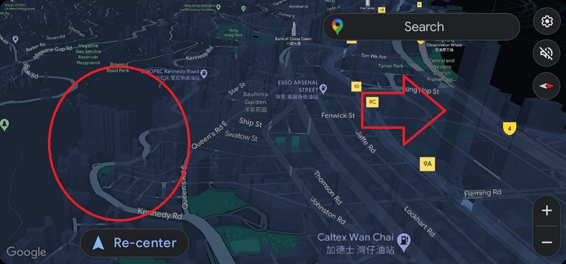 Circle and arrow show semi-opaque 3D buildings on Google Maps when navigating Hong Kong - Google Maps shows 3D buildings when navigating in new test