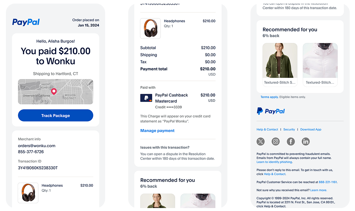 Screenshots of the Smart Receipts feature (Image credit – PayPal) – PayPal and Venmo to get an update with new AI-powered features