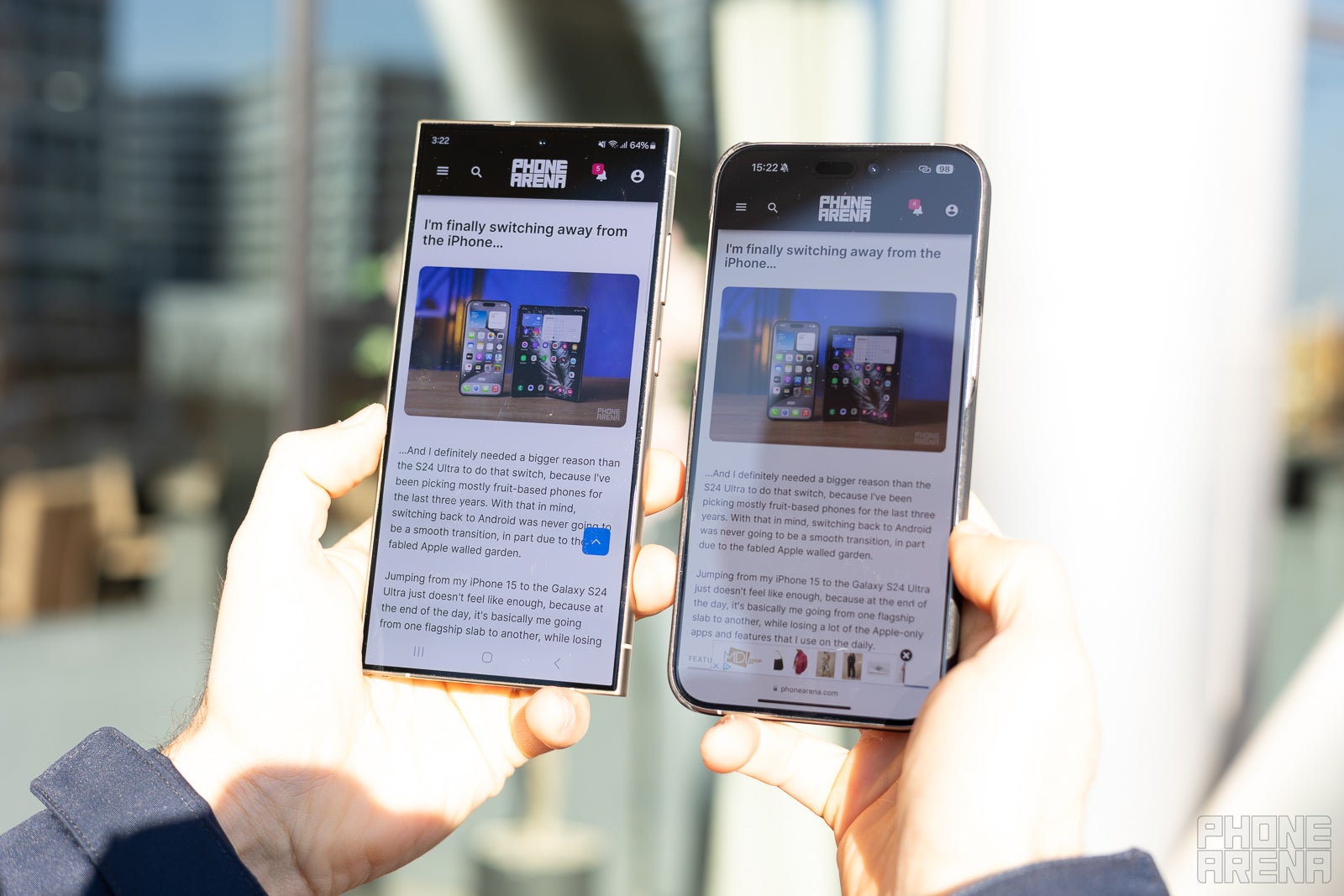 Galaxy on the left, iPhone on the right.  The higher brightness is one thing, but the lack of highlights is a game changer here.  - Galaxy S24 Ultra features a revolutionary glare-free display: we test it against iPhone and Pixel