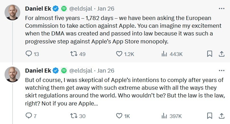Spotify CEO Eks Slams Apple on X - Apple's New EU App Store Fees Will Hurt Some App Developers Financially