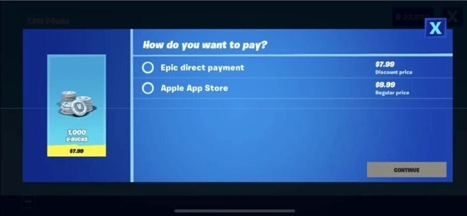 Epic has allowed iOS users to access its own in-app purchase option and purchase in-game currency at a discounted price compared to the App Store price - Epic says Fortnite is coming back on iOS... in the EU