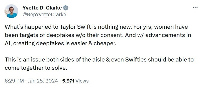 New York Congresswoman Yvette Clarke says it's an issue both sides should work on - Explicit, doctored images of Taylor Swift have US lawmakers angry.