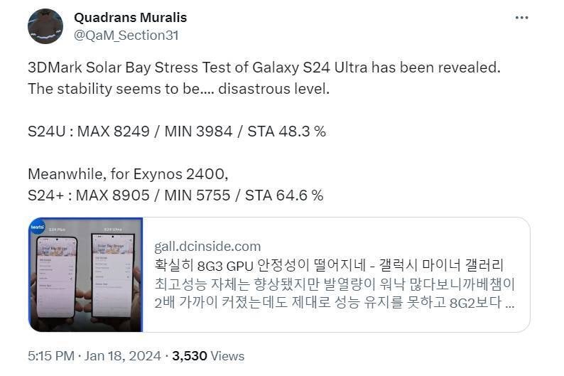 The Galaxy S24 Ultra and its Snapdragon 8 Gen 3 are humiliated by the Galaxy S24 Plus in a new test