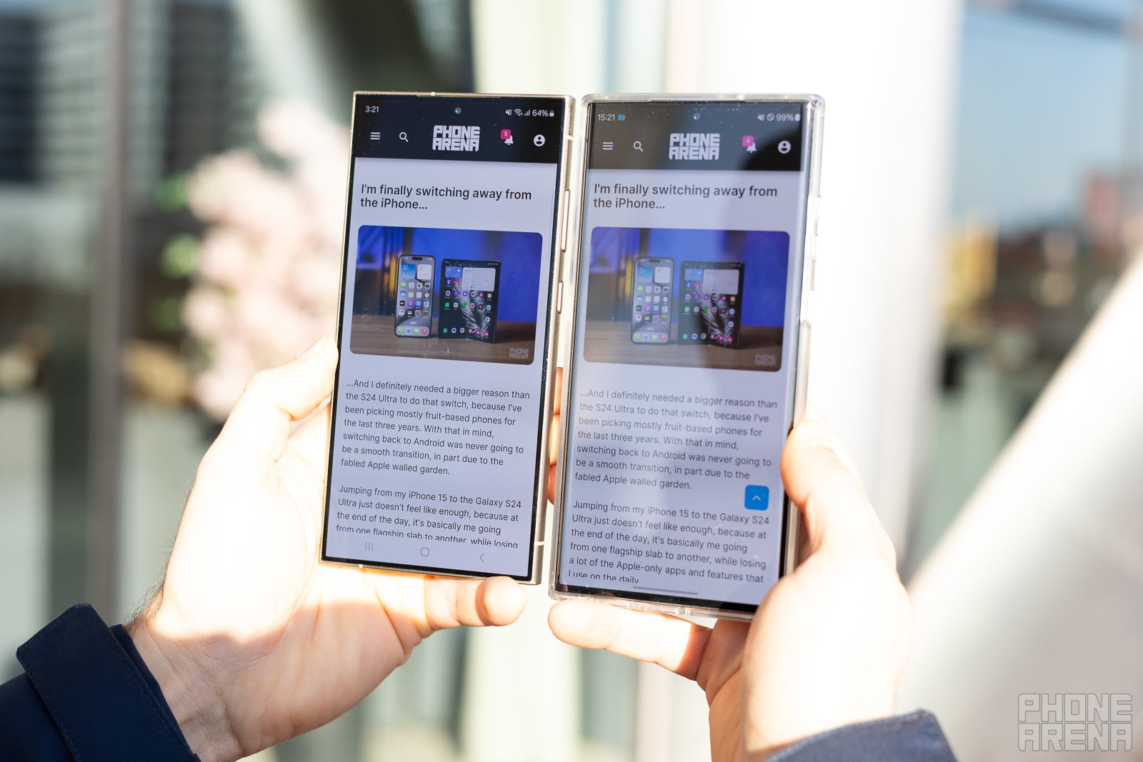 The S24 Ultra's screen (left) looks almost unbelievably glare-free compared to the S23 Ultra (right).  - Galaxy S24 Ultra features a revolutionary glare-free display: we test it against iPhone and Pixel