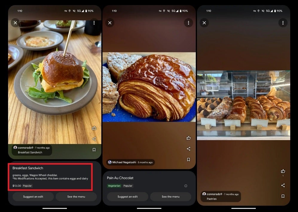 The description in the red box reveals more information about a particular dish photographed in Google Maps.  Google Maps will now give you more information about restaurant dishes found in the app.
