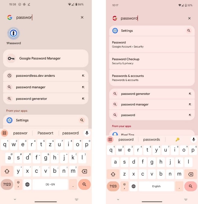 Left, the new Google Password Manager shortcut found on the Pixel - Google is testing a Password Manager shortcut for Pixel users