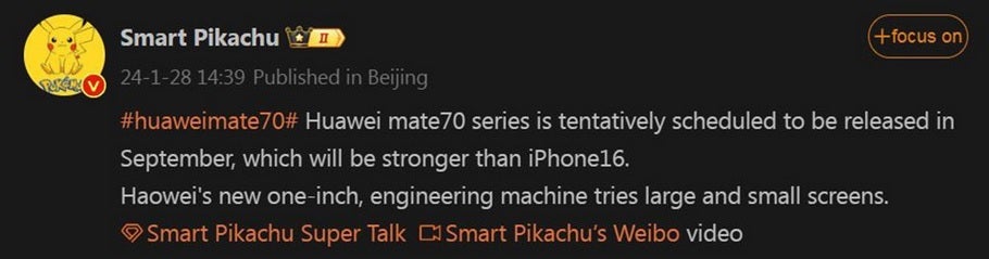 The Huawei Mate 70 series is the subject of this Weibo article from @SmartPikachu - Huawei will tackle the iPhone 16 range in China with the Mate 70 series next September