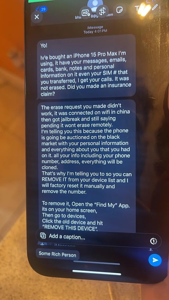 After having their iPhone stolen, the thief sends the victim a text message asking them to deactivate the Find My application.  DON'T DO IT !  - A thief steals an iPhone and sends a text message to the victim trying to get them to turn off the Find My app.