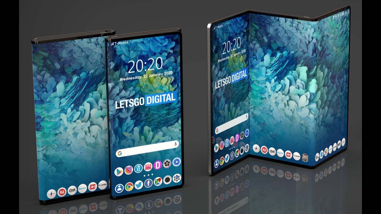 Concept of a foldable smartphone in three (Image credit–LetsGoDigital) – Beyond the Fold and Flip galaxy: exploring innovative concepts of foldable phones