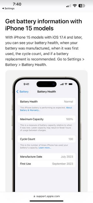 With iOS 17.4, Apple is making a change to the Battery Health section of the iPhone Settings app on the iPhone 15 lineup: iPhone 15 users can check their battery health at a glance eye after updating to iOS 17.4.