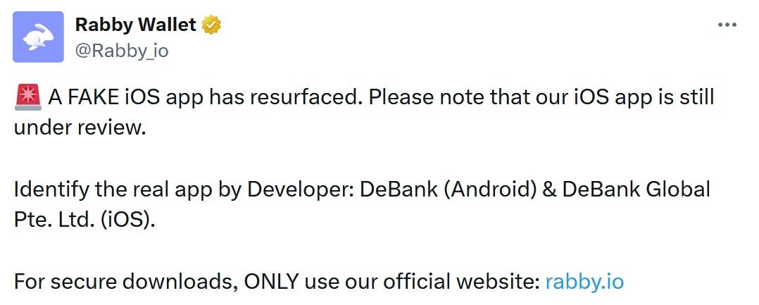 Text from the developer of the real Rabby Wallet app - Apple finally launches a fake crypto app on the App Store, but not before more than $100,000 is stolen