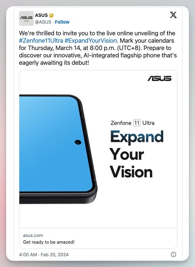 Asus announces March 14 live event for Zenfone 11 Ultra unveiling