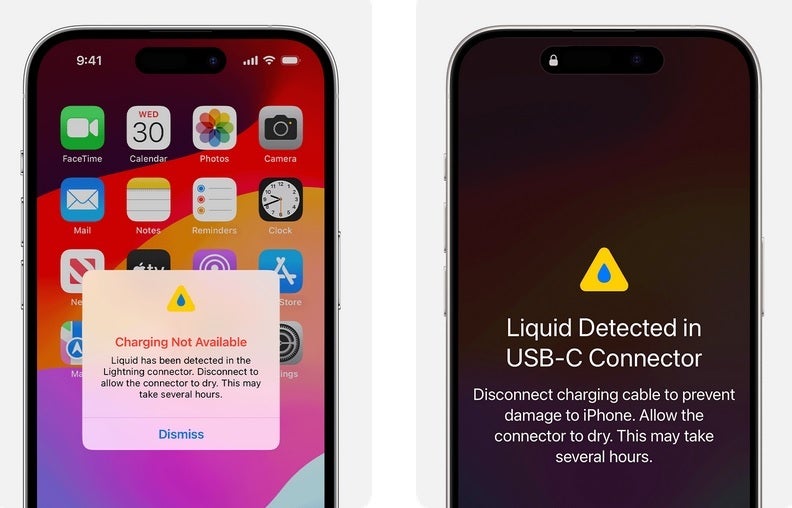 Apple will warn you if your Lightning port (L) or USB-C port (R) is too wet to use - For the first time, Apple says not to put your iPhone here if it's wet