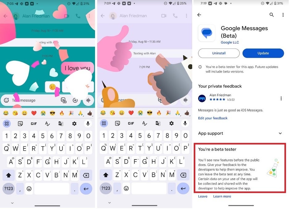 Screen effects for I Love You and Sounds Good.  The feature is now available for those registered as a Google Messages beta tester - Cool Google Messages Live Wallpaper "Screen effects" now available for beta testers of the application
