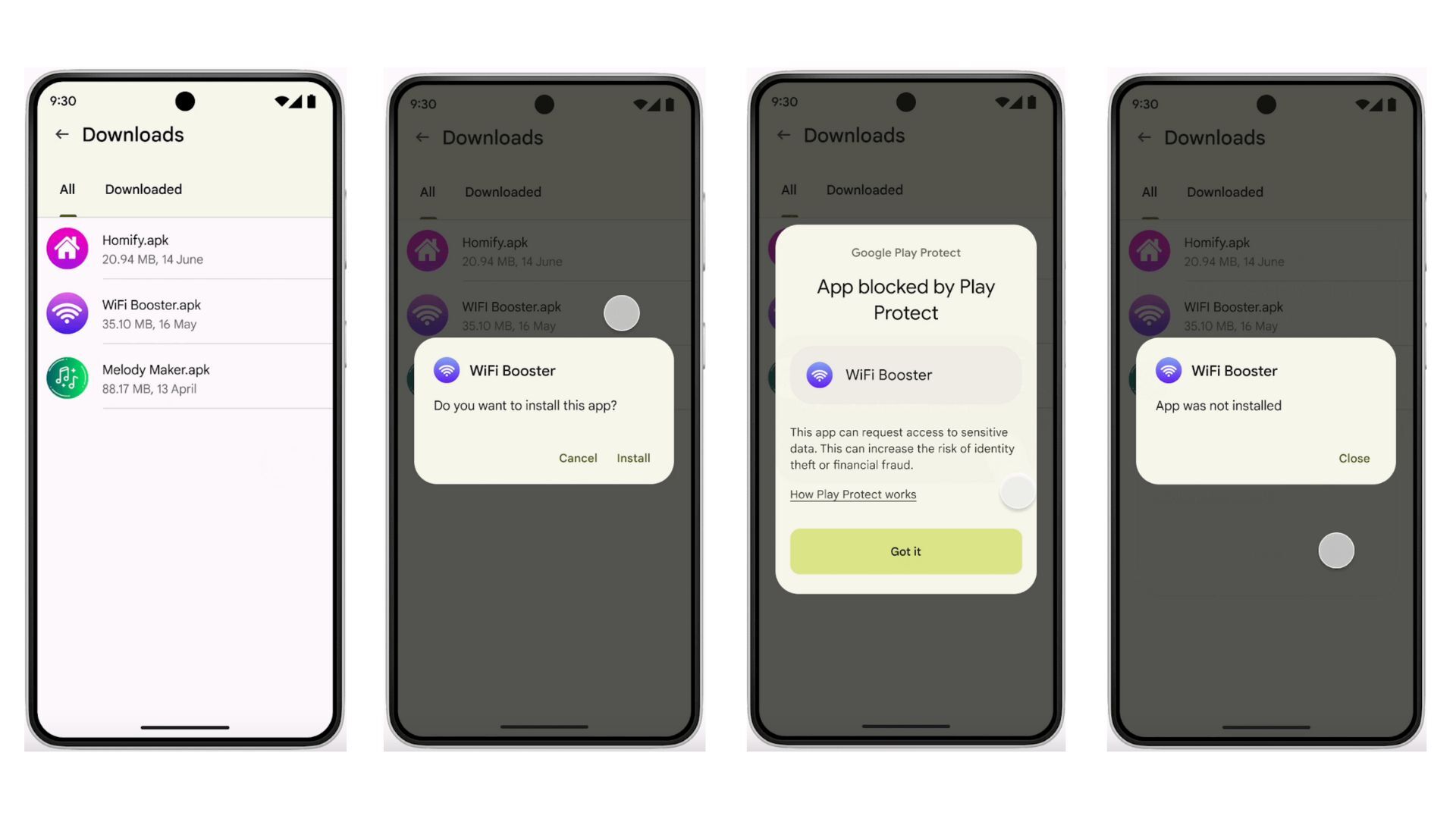 Screenshots showing the feature in action (Image credit–Google) – Google is testing real-time app scanning to protect Android users from financial fraud