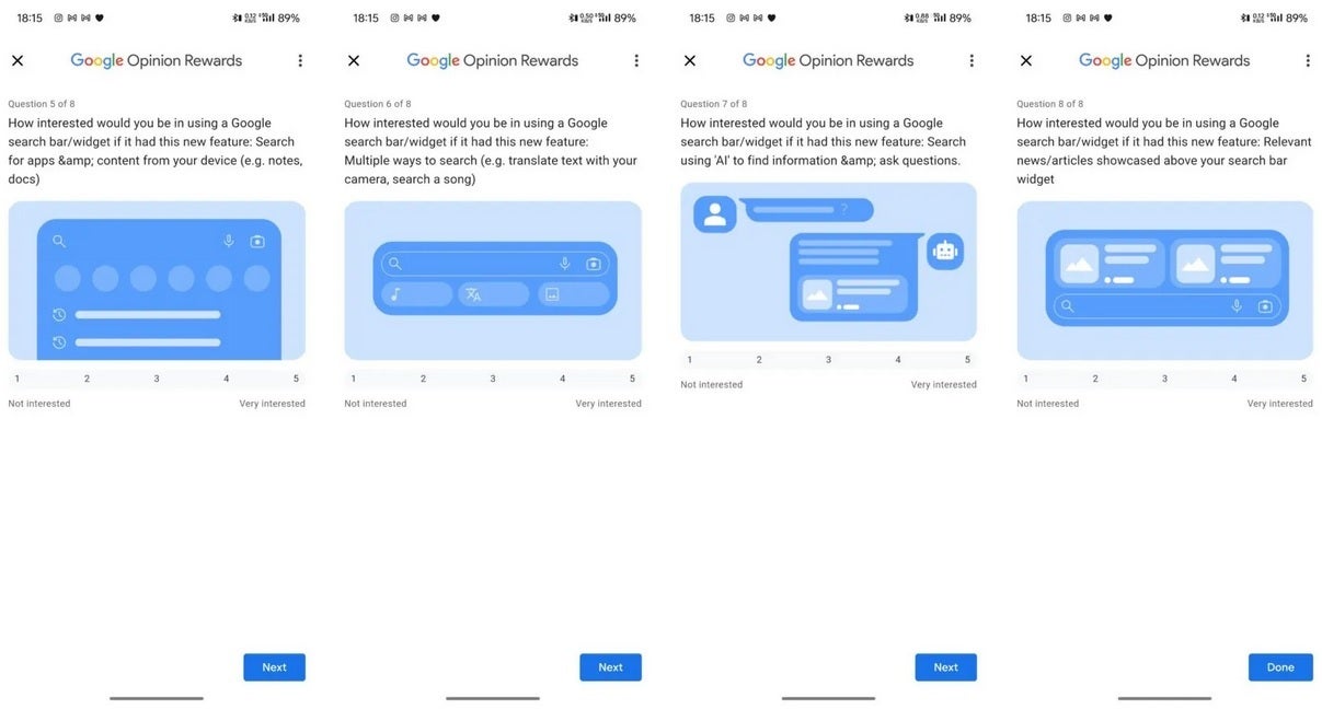 Google Surveys Some Android Users About Interest in New Google Search Widget Features - New Features Considered for Google Search Widget on Android Home Screen