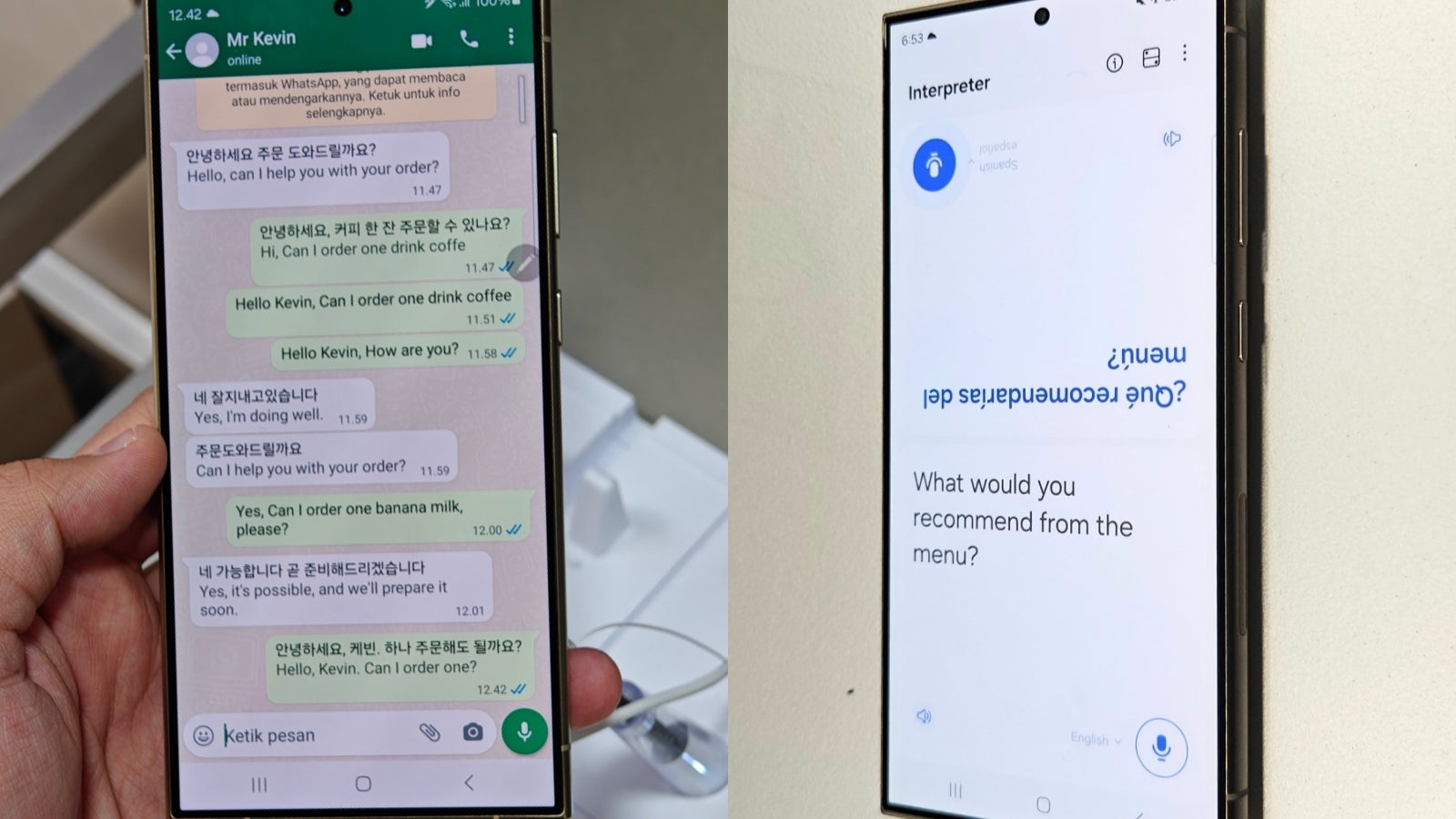 The Galaxy S24 can automatically translate your text conversations in real time (left), no matter which messaging app you're using.  - Galaxy S24's most magical AI feature eliminates language barriers that my iPhone can't