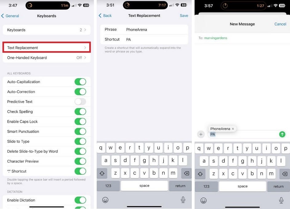 Text replacement lets you replace phrases you type often with shortcuts.  These two tips will save you time when typing texts or emails on iPhone.